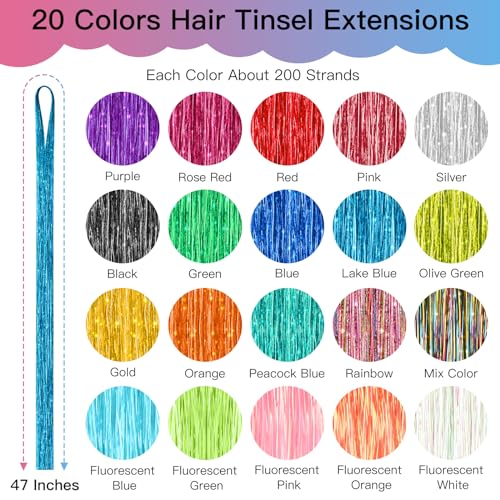 Hair Tinsel Kit 20 Colors 4000 Strands 47 Inches