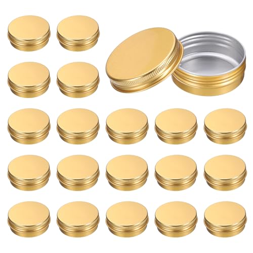 uxcell 1 Oz Tin Cans, 20 Pcs Aluminum Round Tins, Travel Sized Small Metal Tins Cosmetic Sample Containers with Screw Lid for Lotion Bars Beard Balms Candles, Gold