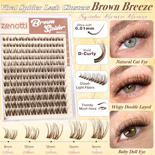 Zenotti D-Brown Wispy Spider Breeze Lash Clusters - Natural Brown, 8-16mm, Invisible Band, Fluffy Curly Eyelash Extensions