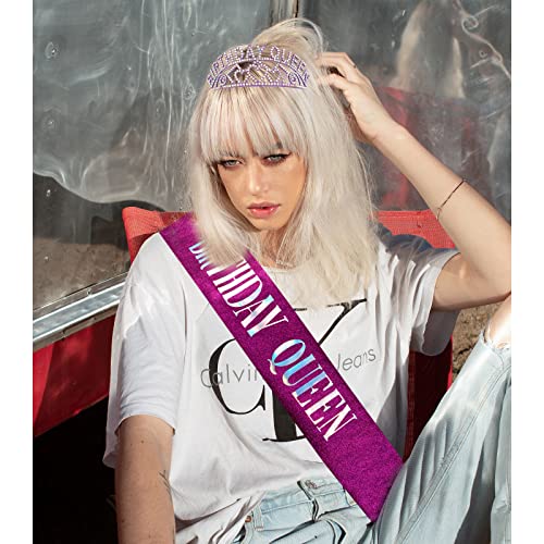 Purple AB Rhinestone Tiara & Birthday Queen Sash Set
