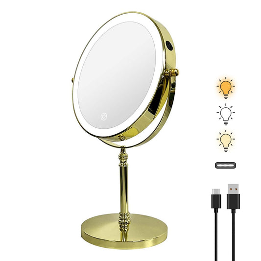 Kiavox Lighted Makeup Mirror with Magnification, 8" Round 1X/10X Magnifying Mirror Swivel Touch Screen 3 Colors Dimmable, Type-C Rechargeable Vanity Mirror with Lights for Makeup Desk, Gold