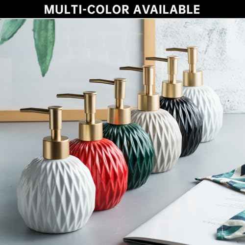 Ceramics Gold Soap Dispenser for Bathroom, Relief Soap Dispenser for Kitchen Sink, 400ml/13.5Oz Refillable Liquid Hand Soap Bottle with Gold Pump (Red).
