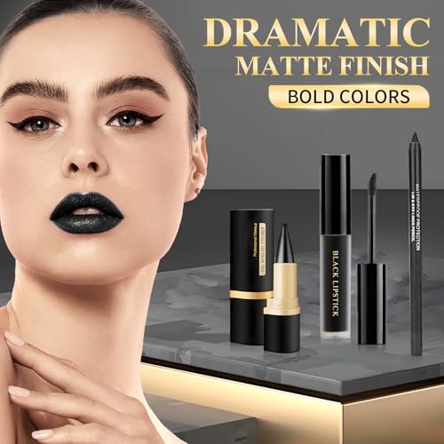 Black Lipstick Halloween Black Lip Liner & Gel Eyeliner Pencil,Matte black Lipstick Long Lasting Smudge Proof,Velvet Lip Gloss,Non Stick Cup,Suitable for Halloween Cosplay Goth Makeup