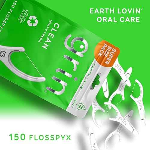 GRIN Clean Flosspyx, Floss Picks, 150 Count, Dental Flossers, Minty Flavor, Recycled Plastic, Super Strong Fine Floss, Tight Teeth, Premium Longer Floss Head, Includes Safe Fold-Back Tooth Pick
