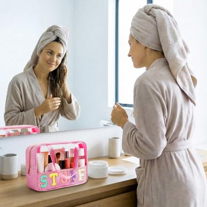 Sanwuta Seersucker Makeup Bag with Handle - Clear Cosmetic Pouch