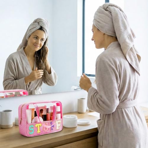 Sanwuta Clear Seersucker Cosmetic Bag Pink Portable Makeup Organizer