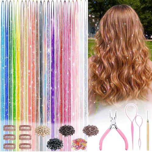 Hair Tinsel Kit, 22 Colors, 8800 Strands, 48 Inch with Tools