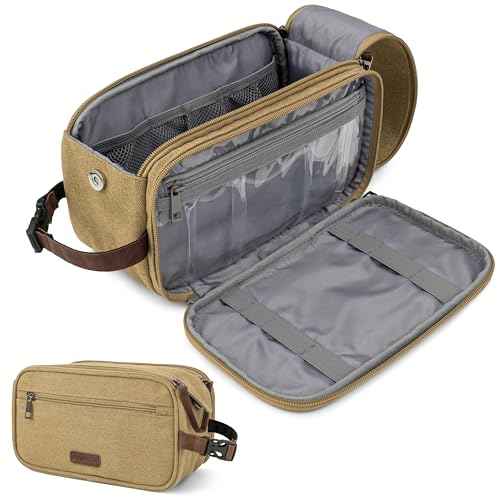 PAVILIA Toiletry Bag for Men, Canvas Travel Dopp Kit, Water Resistant Hygiene Bag Toiletries Organizer, Shaving Kit Travel Accessories Bag, Tan Khaki