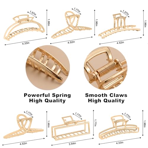 LUKACY 4 Inch Gold Metal Hair Clips - 6 Pack Large Claw Clips