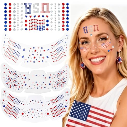 4th of July Face Gems & Glitter Freckles Tattoo Set (6+1)