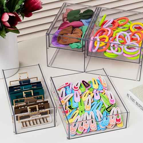 Noverlife Acrylic Hair Accessories Organizer with 4 Drawers, Clear Storage Drawers for Organizing Hair Ties/Jewelry/Sunglass, Stylish Make up Organizer Display & Office Bathroom Desktop Storage Case