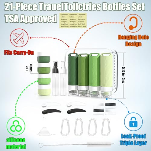 Udihch 26Pcs Travel Toiletry Containers Set Green - Silicone Leakproof TSA Approved