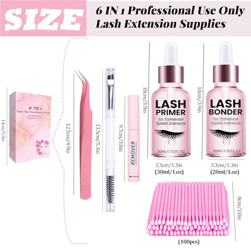 Lash Glue Primer Super Lash Bonder for Eyelash Extensions Kit Instant Cure Adhesive Companion Lash Glue Remover 6IN1 Professional Use Only Lash Extension Supplies with Tweezers Applicator