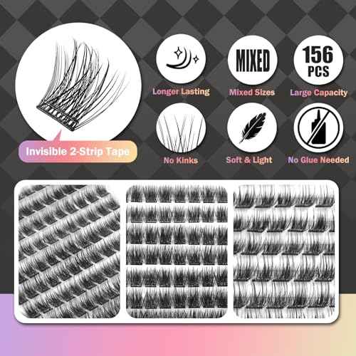 Self Adhesive Eyelashes, 156 Pcs Self Adhesive Eyelash Clusters, No Glue Needed, Invisible 2-Strip Tape - Longer Lasting, No Sticky Residue Pre Glued Eyelashes (Volume-Mixed)