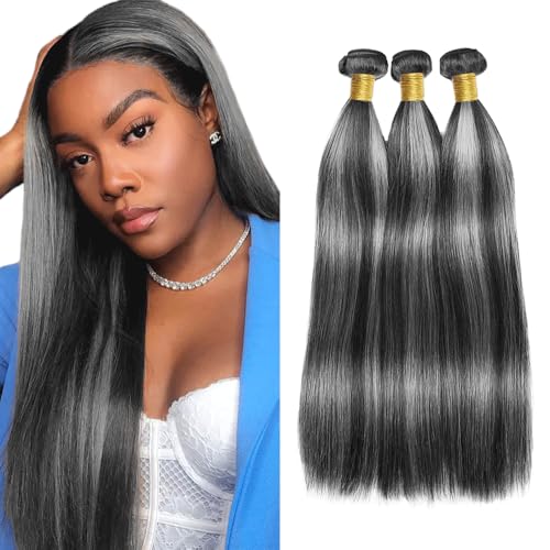 P1B Gray Ombre Straight Human Hair Bundles 3 Pcs 22"