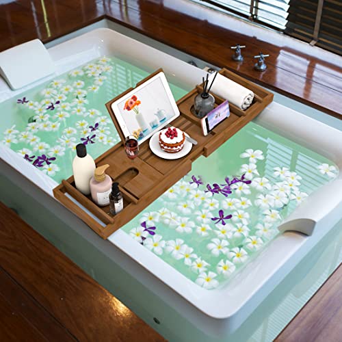 Bamboo Expandable Bath Tray with Book Holder & Wine Glass Holder