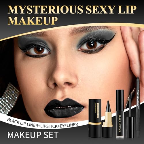 Black Lipstick Halloween Black Lip Liner & Gel Eyeliner Pencil,Matte black Lipstick Long Lasting Smudge Proof,Velvet Lip Gloss,Non Stick Cup,Suitable for Halloween Cosplay Goth Makeup
