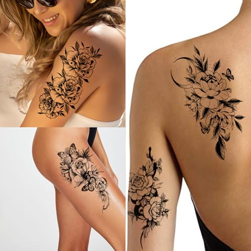 Black Flower Butterfly Temporary Tattoos for Women Girls, 10Sheets Large Waterproof Arm Adults Fake, Realistic That Look Real Last Long Tattoo Stickers Party Favors Supplies Gifts