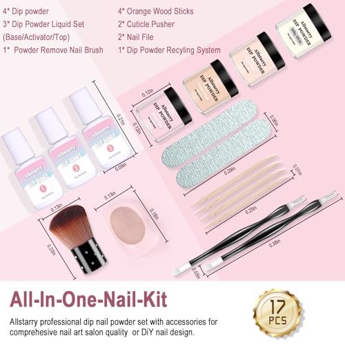 Allstarry 17pcs Dip Powder Nail Kit, 4 Colors Nude Brown Glitter Acrylic Dipping Powder Liquid Set with Base Top Coat Activator Brush Saver Recycling Tray for French Nail Art Manicure DIY Salon