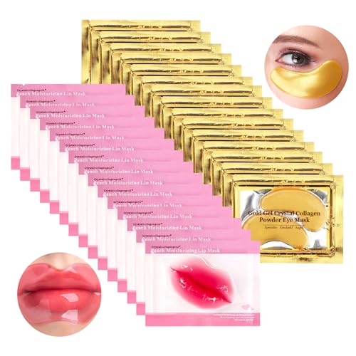 Jakuva 30 Pairs Lip Masks & Eye Masks,Gold Under Eye Patches for Puffy,Peach Red Lip Masks Skincare,Effectively Moisturizing Facial Skin, Anti-Aging, Reducing Fine Lines, Nourishing for Face Care