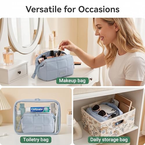 Travel Makeup Bag with Brush Pocket & Compartments Blue
