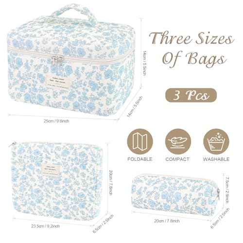 3Pcs Cotton Quilted Makeup Bag for Women Girls, Large Floral Cosmetic Bag Set Cute Makeup Brushes Aesthetic Accessories Storage Bag Travel Toiletry Bag Organizer, Little Flower Blue