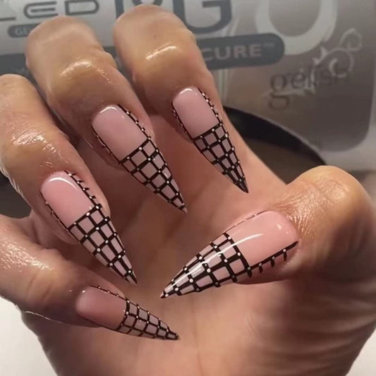 DOUBNINE Stiletto Press on Nails Long Almond Pink Black Check Nude Glossry Stick on Nails French Tip Fake Nails for Women Wear