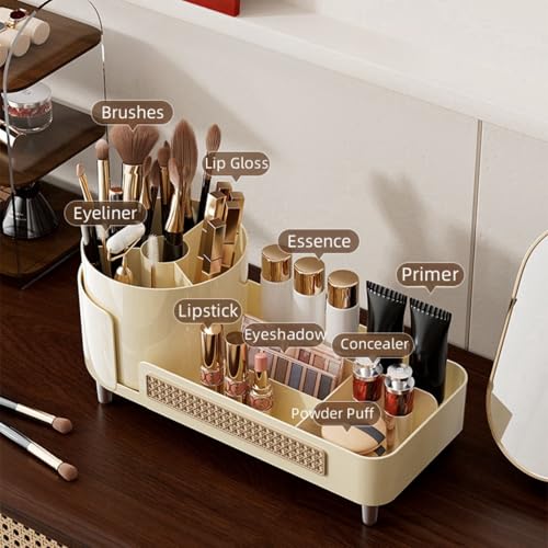 Rotating Makeup Organizer Countertop,Large Capacity Makeup Organizers for Vanity,2 in 1 makeup storage organizer for Bathrooms,Cosmetic Display Case(Cream)