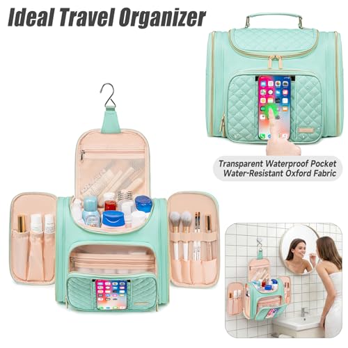 Tealari Green Water-Resistant Toiletry Bag with Hang Hook & Transparent Phone Pocket