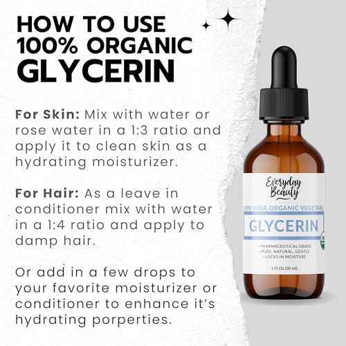 100% Organic Glycerin - For Skin & Hair - Food Grade - USDA Certified - Not From Palm Oil - Perfect Skin and Hair Moisturizer - 1 Fl Oz Glass Bottle & Dropper