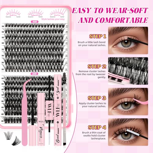 WLF Lash Clusters Kit 640 Pcs Lash Extension Kit Individual Lashes D Curl Clusters Eyelashes Extensions Kit with Lash Book Eyelash Bond and Seal Remover Tweezers Brush(Mix 9-16mm,30D+40D+50D+60D Kit)