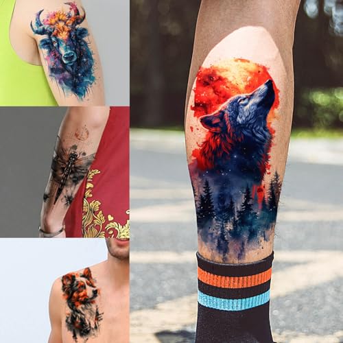 GLARYYEARS Temporary Tattoos for Men, 24-Pack Large Fake Tattoos, Long-lasting Animal Tattoos, Wolf Lion Snake Design Variety Pack Realistic Tattoos 3D, Cool on Half Arm Leg Back Body