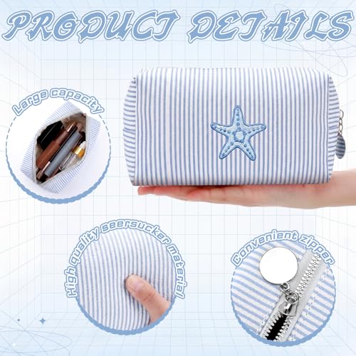 6 Blue Seersucker Cosmetic Bags with Striped Design