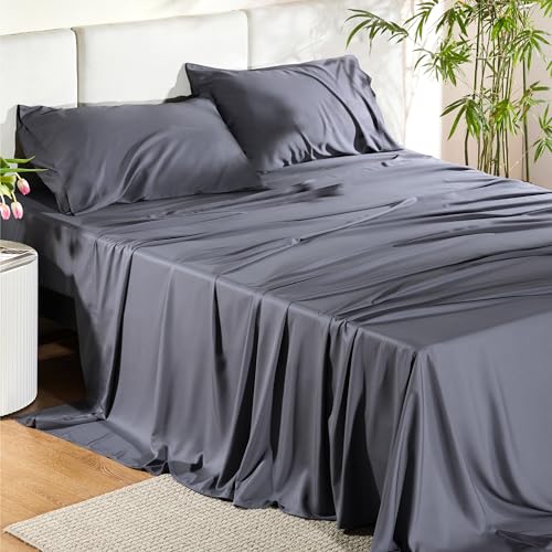 Bedsure Queen Sheet Set, Cooling Sheets for Queen Size Bed Set, Rayon Derived from Bamboo, Breathable & Soft Deep Pocket Up to 16", Hotel Luxury Silky Bedding Sheets & Pillowcases, Dark Grey