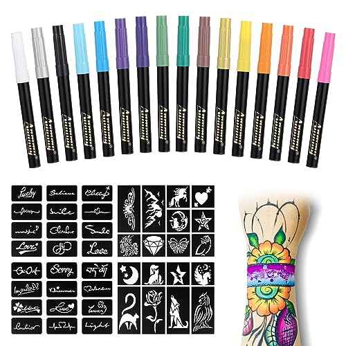 Temporary Tattoo Markers for Skin, 16-Count Body Markers+77 Large Tattoo Stencils of Assorted Colors for kids and Adults, Flexible Brush Tip, Bright colors, Skin-Safe*, Cosmetic-Grade.