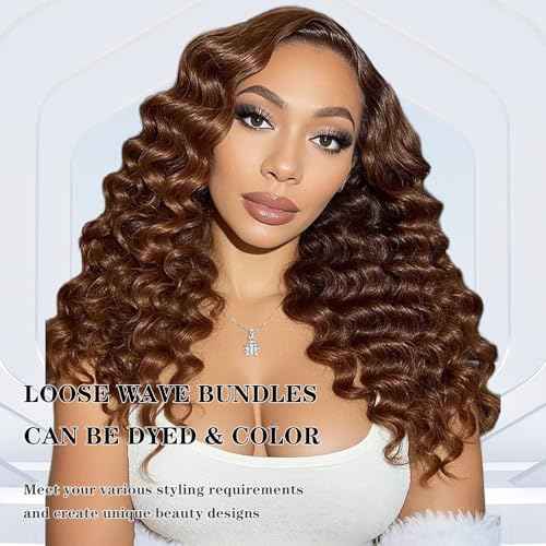 Brown Bundles with Closure Human Hair Loose Wave Human Hair Bundles with Closure (20 22 24+18£©12A Brazilian Virgin Hair Light Brown Loose Deep Wave 3 Bundles with 4x4 Closure 4# Color