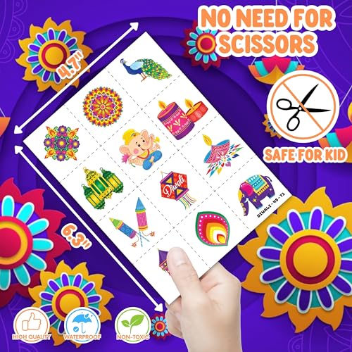 72PCS Diwali Party Set - 48PCS Temporary Tattoos & 24PCS Slap Bracelets - Festival Happy Indian -Themed Birthday Supplies, Baby Shower Gifts, Classroom Rewards & Party Decor for Kids