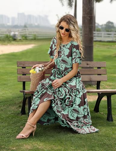 YESNO Women Casual Loose Bohemian Floral Dress with Pockets Short Sleeve Long Maxi Summer Beach Swing Dress S EJF CR430