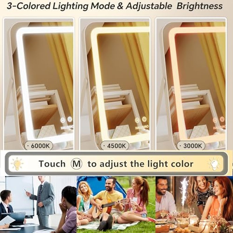 14.5" Rechargeable Vanity Mirror with Lights, 3500 mAh Lighted Makeup Mirror, Smart Touch 3 Colors Dimmable, Tabletop Mirror for Makeup Desk, Memory Function