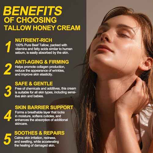 Tallow and Honey Balm for Face - Beef Tallow for Skin - 100% Organic Grass-Fed Beef Tallow & Raw Wild Honey -Moisturizing Cream for Soft, Smooth Skin- Light Scent, Moisturizing Natural Formula, 4.0 Oz