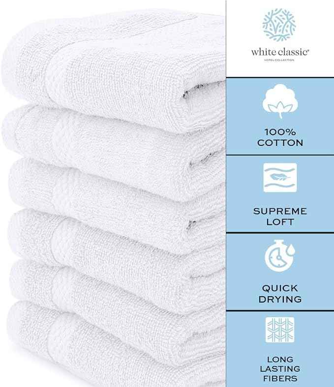White Classic 12-Pack Cotton Face Towels, 100% Ring Spun Cotton, Ultra Soft Absorbent Spa Towels for Bathroom, Kitchen and Face Cleaning