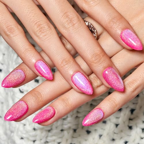 GLAMERMAID Press on Nails Short Almond, Handmade Summer Rainbow Hot Pink Cat Eyes Gel Nails Polish Glue on Nails, Glossy Reusable UV Finish Fake Nails Acrylic False Nails Manicure Kits for Women Gift