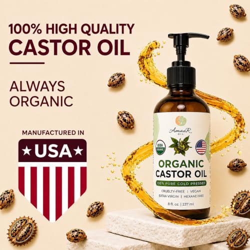 Organic Castor Oil 8 oz Cold Pressed Hexane Free for Hair Skin Lashes AMAAR