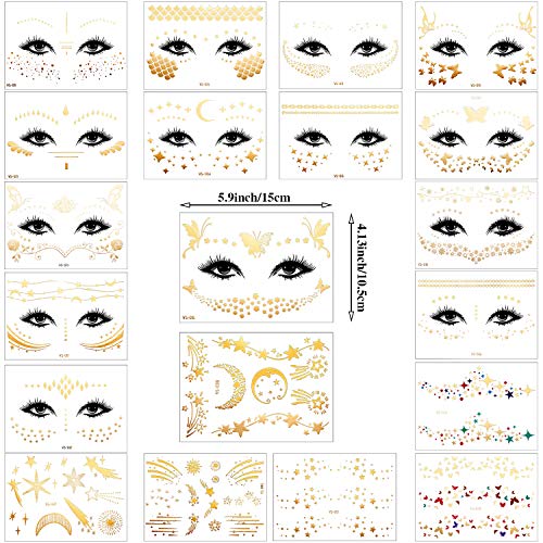 Gold Glitter Face Tattoos - 20 Sheets Waterproof Temporary Stickers