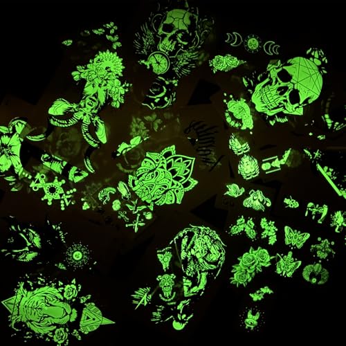 Temporary Tattoos Adult, Glow in The Dark tattoos, 44 Sheets Luminous Temporary Tattoos Stickers, 12 Sheets Fake Body Arm Chest Shoulder Tattoos for Men or Women with 32 Sheets Tiny Tattoos.