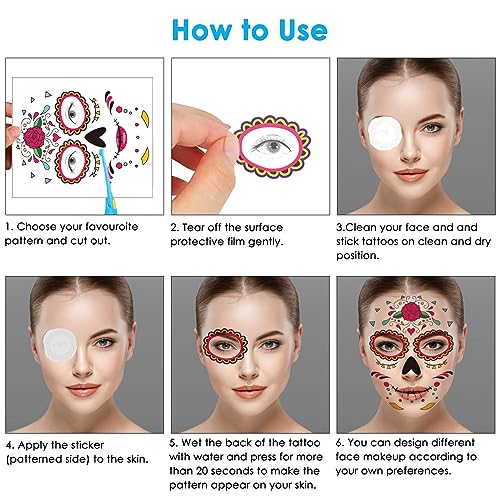 Day of the Dead Face Tattoos, 8 Sheets Sugar Skull Temporary