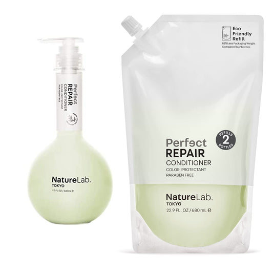 NATURELAB. TOKYO Perfect Repair Conditioner + Refill Pouch: Moisturizing Conditioner to Replenish and Restore Damaged, Color Treated Hair I 11.5 FL OZ & Refill 22.9 FL OZ | $49 VALUE