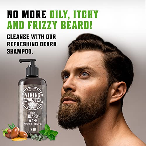 Viking Revolution Beard Wash & Conditioner Set w/Argan & Jojoba Oils ? Softens, Smooths & Strengthens Beard Growth - Natural Peppermint and Eucalyptus Scent - Shampoo (17 oz)