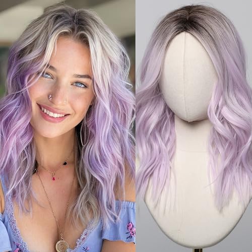 Medium Length Purple Bob Wig for Women - 20 Inch Lavender Wavy Hair