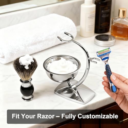 GRUTTI Shaving Bowl, Stand and Brush Set - 3-Piece Magnetic Base Bowl, Chrome Alloy Stand & Synthetic Brush | Razor Not Included